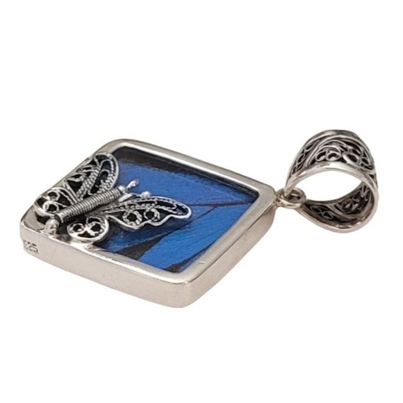 Sterling Silver Butterfly Charm, Blue Wing Large Filigree Bale Pendant E584 - Picture 5 of 9